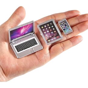 3 Pcs Dollhouse Furniture Accessories Miniature, 1:12 Scale Simulation Metal Laptop Tablet Smart Phone Stuff Doll House Mini Play Set Accessories (Black)