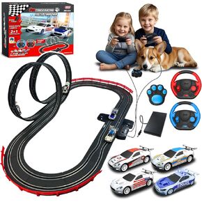 AGM MASTECH Slot Car Race Track Set, High Speed Series Tram Dual Track Set with 4 Licensed Racing Slot Cars, 2 Hand Controls, Track Parts and Lap Counter