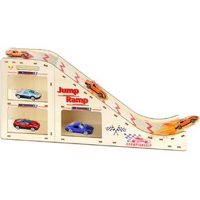Toy Cars Jump Ramp ، Toy Car Track للعجلات الساخنة ، ومسار سيارات السباق للسيارات الساخنة وسيارات Diecast ، ومجموعة تشغيل/تخزين/عرض/سباق ، منحدر القفز الخشبي لسيارات العجلات الساخنة و Montessori 02