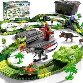 Dinosaur Track Toy Set with Storage Box - 258 Piece Dinosaur World Road Race Track Playset, Great Birthday Gift for 3 4 5 6 7 Year Old Kids, Includes Flexible Tracks and Dinosaur Cars
