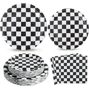 150PCS Race Car Birthday Party Decorations - Black and White Checkered Plates and Napkins for 50 Guests, Disposable Tableware Supplies for Birthdays, Game Day, and Racing-Themed Parties
