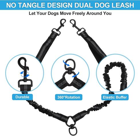 Double Dog Leash, Hands-Free Dual with Comfortable Padded Handle, Double for Two Dogs, Adjustable Length, Blue, 1 Set in Kuwait