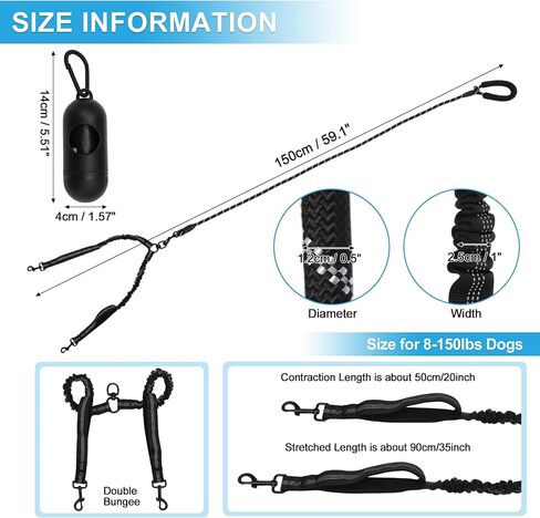 Double Dog Leash, Hands-Free Dual with Comfortable Padded Handle, Double for Two Dogs, Adjustable Length, Blue, 1 Set in Kuwait