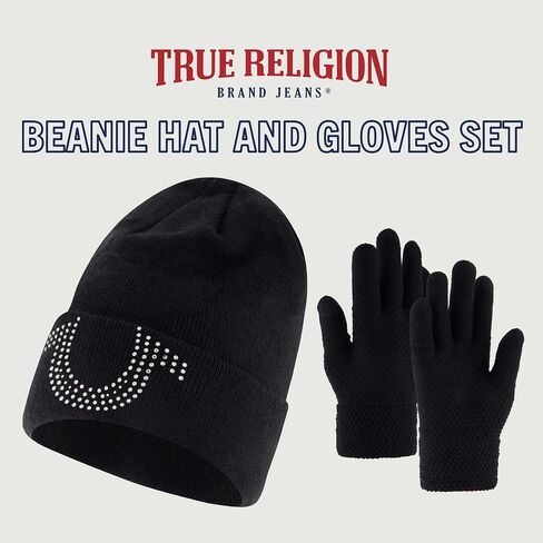 True Religion Beanie Hat and Touchscreen Glove Set, Cuffed Winter Knit Cap with Rhinestone Logo and Touch Screen Mittens, Off White, One Size in Saudi Arabia