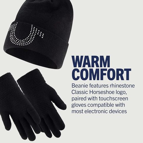 True Religion Beanie Hat and Touchscreen Glove Set, Cuffed Winter Knit Cap with Rhinestone Logo and Touch Screen Mittens, Off White, One Size in Saudi Arabia