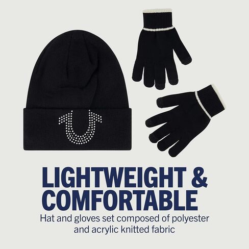 True Religion Beanie Hat and Touchscreen Glove Set, Cuffed Winter Knit Cap with Rhinestone Logo and Touch Screen Mittens, Off White, One Size in Saudi Arabia