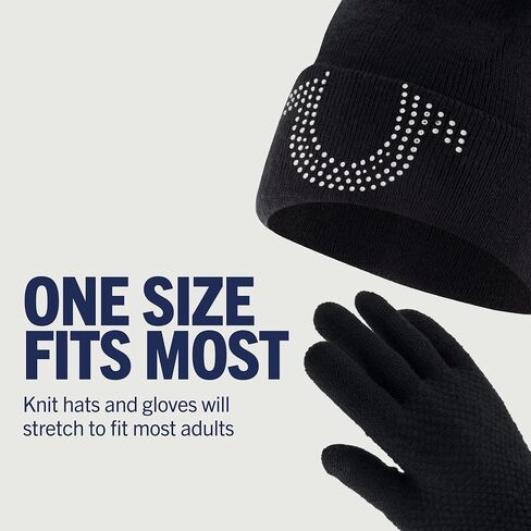 True Religion Beanie Hat and Touchscreen Glove Set, Cuffed Winter Knit Cap with Rhinestone Logo and Touch Screen Mittens, Off White, One Size in Saudi Arabia