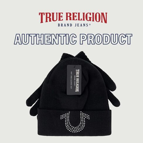 True Religion Beanie Hat and Touchscreen Glove Set, Cuffed Winter Knit Cap with Rhinestone Logo and Touch Screen Mittens, Off White, One Size in Saudi Arabia