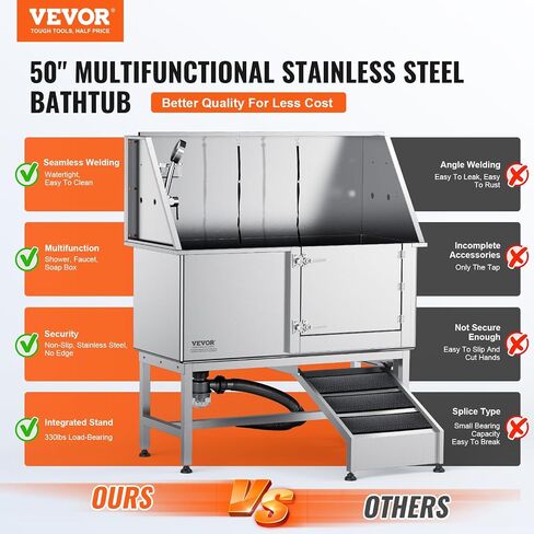 VEVOR 50 "Pet Dog Bathing Station w/Ramp ، Professional Stains Steeld Dog Grooming Tub W/Soap Box ، Faucet ، Encord Cancory ، حوض استحمام الكلاب للحيوانات الأليفة الكبيرة ، المتوسطة ، الصغيرة ، مغسلة غسل للمنزل اليمين in Saudi Arabia