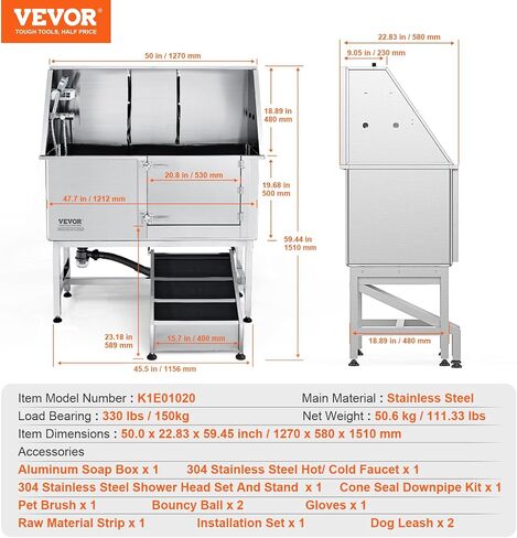 VEVOR 50 "Pet Dog Bathing Station w/Ramp ، Professional Stains Steeld Dog Grooming Tub W/Soap Box ، Faucet ، Encord Cancory ، حوض استحمام الكلاب للحيوانات الأليفة الكبيرة ، المتوسطة ، الصغيرة ، مغسلة غسل للمنزل اليمين in Saudi Arabia