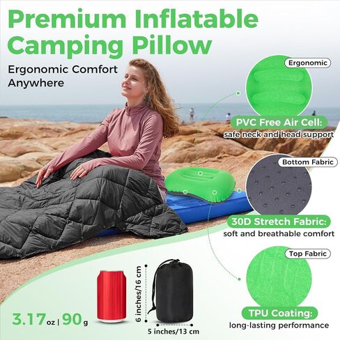 ATEPA Ultralight Inflatable Pillow - Camping Travel, 2oz Insulated Compact, Comfortable, Inflating Pillows for Neck & Lumbar Support for Hiking, Backpacking in Saudi Arabia