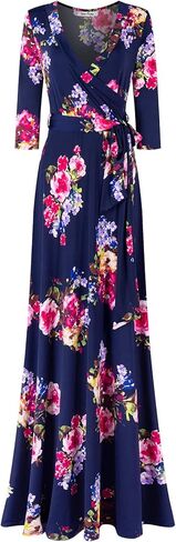 Women's 3/4 Sleeve Floral Printed Bohemian Maxi Wrap Dress Navy L in Saudi Arabia