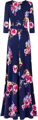Women's 3/4 Sleeve Floral Printed Bohemian Maxi Wrap Dress Navy L in Saudi Arabia