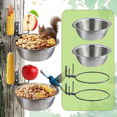 2 Pack 8.5"/1.4L Squirrel & Bird Feeder Combo - 1 Metal Food Bowl with Colander System + 1 Water/Bath/Swim Tray | Tree/Fence Mounted Perfect for Outside | Removable Easy Clean Wildlife Delight in Saudi Arabia