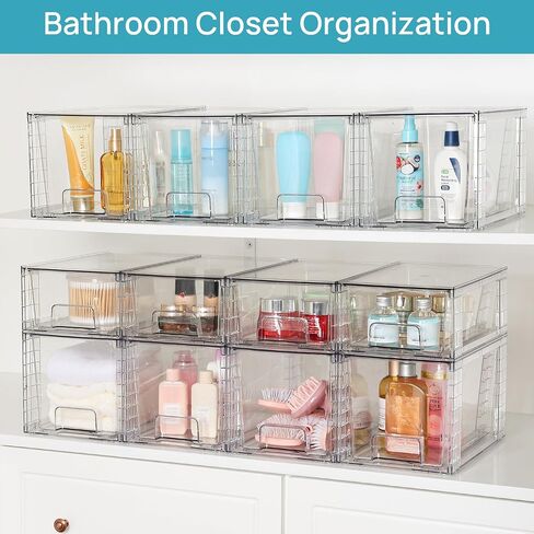 Vtopmart 4 Pack Large Stackable Storage Drawers,Easily Assemble Acrylic Bathroom Closet Undersink Organizers and Storage,Plastic Bins for Kitchen Cabinets,Pantry,Makeup,Medicine Organization in Kuwait