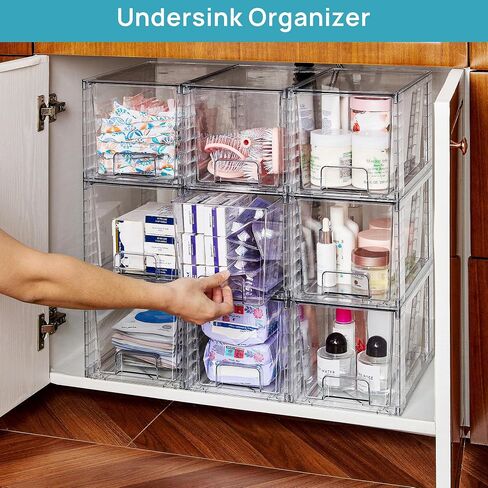 Vtopmart 4 Pack Large Stackable Storage Drawers,Easily Assemble Acrylic Bathroom Closet Undersink Organizers and Storage,Plastic Bins for Kitchen Cabinets,Pantry,Makeup,Medicine Organization in Kuwait