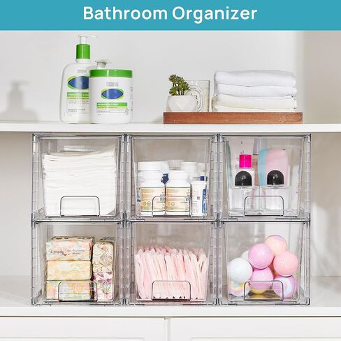 Vtopmart 4 Pack Large Stackable Storage Drawers,Easily Assemble Acrylic Bathroom Closet Undersink Organizers and Storage,Plastic Bins for Kitchen Cabinets,Pantry,Makeup,Medicine Organization in Kuwait