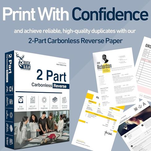 Buck 2 Part Reverse Carbonless NCR Paper, 8 Reams, 8.5" x 11" Collated Paper, 4000 Sheets, CF Canary/CB White - Ideal for Laser & Digital Printers & Perfect for Professional Duplicates in Saudi Arabia