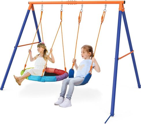 GIKPAL Saucer Swing with Stand for Kids Outdoor, 440lbs Swing Set with Heavy-Duty Metal Frame and Adjustable Ropes, Safe Waterproof Round Playset for Backyard Playground Park, Rainbow Color in Kuwait
