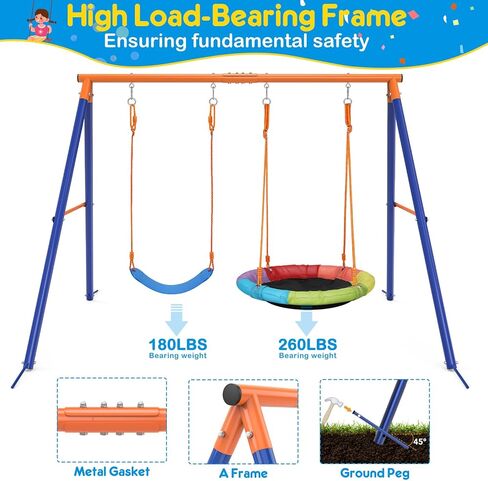 GIKPAL Saucer Swing with Stand for Kids Outdoor, 440lbs Swing Set with Heavy-Duty Metal Frame and Adjustable Ropes, Safe Waterproof Round Playset for Backyard Playground Park, Rainbow Color in Kuwait