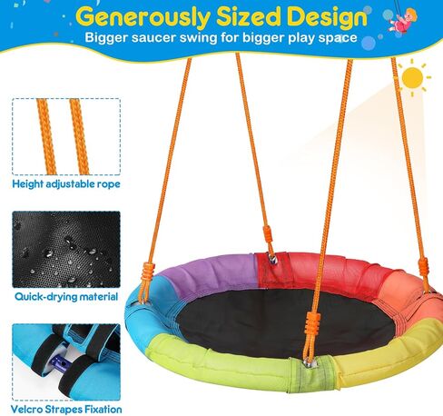 GIKPAL Saucer Swing with Stand for Kids Outdoor, 440lbs Swing Set with Heavy-Duty Metal Frame and Adjustable Ropes, Safe Waterproof Round Playset for Backyard Playground Park, Rainbow Color in Kuwait