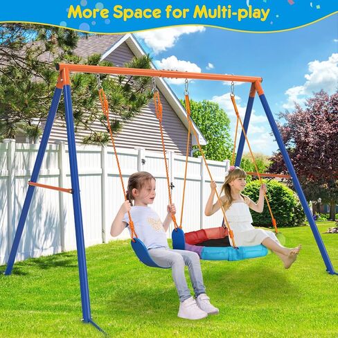 GIKPAL Saucer Swing with Stand for Kids Outdoor, 440lbs Swing Set with Heavy-Duty Metal Frame and Adjustable Ropes, Safe Waterproof Round Playset for Backyard Playground Park, Rainbow Color in Kuwait