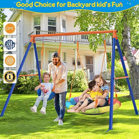 GIKPAL Saucer Swing with Stand for Kids Outdoor, 440lbs Swing Set with Heavy-Duty Metal Frame and Adjustable Ropes, Safe Waterproof Round Playset for Backyard Playground Park, Rainbow Color in Kuwait
