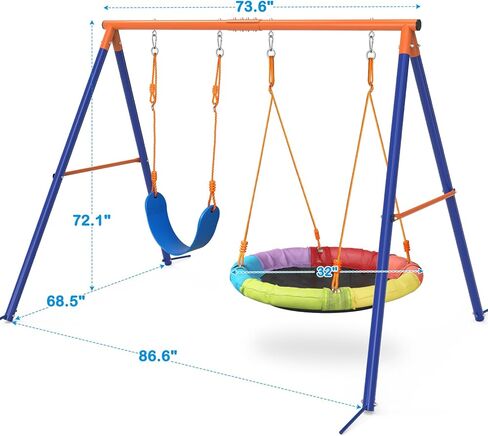 GIKPAL Saucer Swing with Stand for Kids Outdoor, 440lbs Swing Set with Heavy-Duty Metal Frame and Adjustable Ropes, Safe Waterproof Round Playset for Backyard Playground Park, Rainbow Color in Kuwait