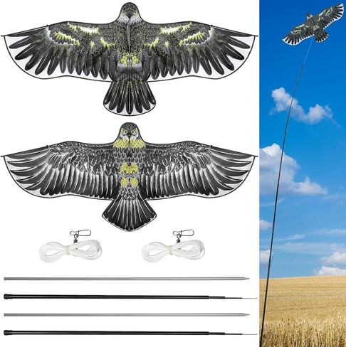 Pholirey Bird Syager Eagle Flying الطائر الطائر الطائرات الورقية Scarer Flying Kite محاصيل المزرعة محاكاة جهاز تخويف النسر مع عمود 12.63 قدم لساحة المنزل في الهواء الطلق (ذهبية بيج ، بيج رمادي ، مجموعتين) in Kuwait