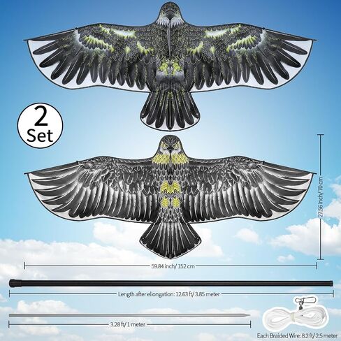 Pholirey Bird Syager Eagle Flying الطائر الطائر الطائرات الورقية Scarer Flying Kite محاصيل المزرعة محاكاة جهاز تخويف النسر مع عمود 12.63 قدم لساحة المنزل في الهواء الطلق (ذهبية بيج ، بيج رمادي ، مجموعتين) in Kuwait