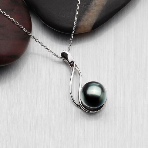 VIKI LYNN Tahitian Cultured Black Pearl Pendant Necklace 9-10mm Round Silver for Women in Kuwait