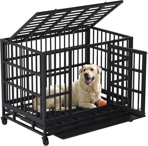 Shintenchi 48 inch Heavy Duty Crates for Large Dog, Indestructible and Escape-Proof Cage Kennel with Lockable Wheels, Double Door High Anxiety with Removable Tray, Black in Kuwait