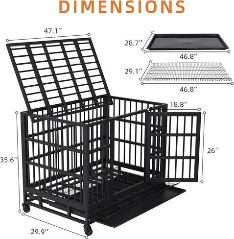 Shintenchi 48 inch Heavy Duty Crates for Large Dog, Indestructible and Escape-Proof Cage Kennel with Lockable Wheels, Double Door High Anxiety with Removable Tray, Black in Kuwait
