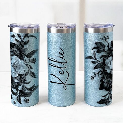 Personalized 20oz Glitter Tumbler With Floral Motif - Custom Name Insulated Cup, Perfect Gift For Her (Blue) in Saudi Arabia