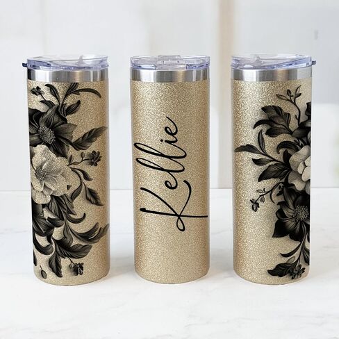 Personalized 20oz Glitter Tumbler With Floral Motif - Custom Name Insulated Cup, Perfect Gift For Her (Blue) in Saudi Arabia