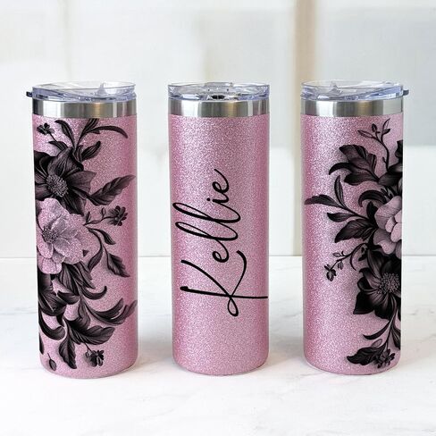 Personalized 20oz Glitter Tumbler With Floral Motif - Custom Name Insulated Cup, Perfect Gift For Her (Blue) in Saudi Arabia