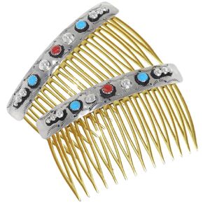 Navajo Turquoise Coral Silver Hair Combs Sterling Set of Two 0446