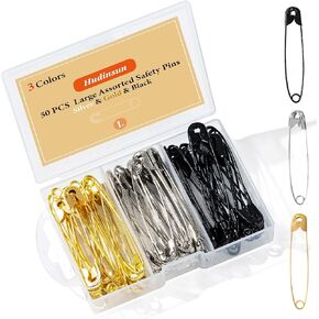 50 PCS Large Safety Pins Assorted, Silver and Black and Gold Safety Pins Bulk for Sewing and Clothes(56mm)