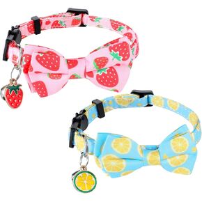2 Pcs Breakaway Cat Collar with Bell, Safety Buckle Cat Collar with Adjustable Bowtie Lemon Strewberry Cotton Kitten Collars Removable for Boy Girl Kitten Cats