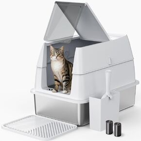 Stainless Steel Litter Box with Lid, XL Extra Large Metal Cat Litter Boxs for Big Cats Enclosed, Easy to Scoop with Litter Scoop Set, High Sides Enclosure Anti-Urine Leakage Non-Sticky