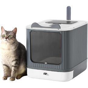 Foldable Cat Litter Box, Fully Enclosed Litter Box with Lid, Covered Kitty Kitten Litter Boxes Enclosure with Scoop, Odor Control, Easy to Clean, 3 Modes for Cat up to 12 lbs(White&Grey)