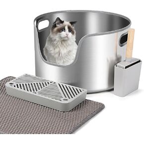 Stainless Steel Litter Box, 17.4" x 11" Large Round High Sided Metal Cat Litter Box Tray with Scoop, Filter Pedal & Litter Mat, Non-Sticky, Non-Odor, Easy Cleaning
