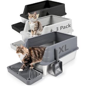 2 Pack Stainless Steel Litter Box, XL 22.8"x15"x 10.2" High Sided Metal Cat Litter Tray with Scoop, Filter Pedal for Anti-Splash, Odor-Free, Non-Sticky, Easy to Clean (Dark Grey&Light Grey)