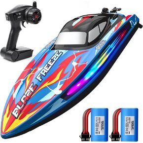 DEERC Fast RC Boat for Pool & Lake with LED Light, 20+MPH, 40+ Mins, Self Righting Remote Control Racing Speed Boat for Kids, 2.4Ghz Summer Water Toy Gift