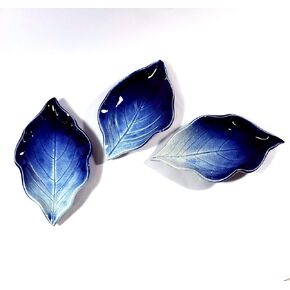 Handmade Stoneware Hydrangea Leaf Dish Set In Midnight Blue