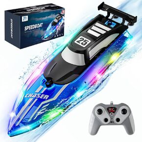 RC Boat for Kids with LED Lights, 2.4Ghz Remote Control Racing Boats for 8-12,Toy Water Boat for Pools & Lakes with Waterproof,Rechargeable Battery, for Boys Girls RED