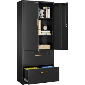 Metal Filing Cabinet with 3 Drawers, Metal Storage File Cabinet with 2 Lockable Doors and Adjustable Shelves for Home Office School Hanging Letter/Legal/F4/A4 Size Folders,Required Assembly,Black