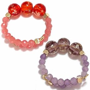 2pcs Glow in The Dark Firefly Beads Finger Rings Adjustable, Handmade in USA, Natural Gemstone + Luminous Murano Glass Beads Fidget Stackable Anxiety Rings Spinner Ring Set (Red + Purple)