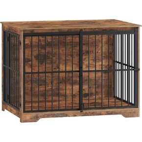 XL Large Dog Crate Furniture, 44.1" Indoor Dog Kennel Furniture with Barn Door, Wooden Tall Dog Crate, Heavy Duty Dog Cage for Large Dogs, Side End Table, Anti-Chew, Rustic Brown DFC80101B
