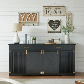 Extra Large Furniture Style Double Dog Crates, 72.5" Farmhouse Wooden Dog Kennel Furniture with Drawers, Divider, Water Resistant & Barn Door for 2 Dogs, Black